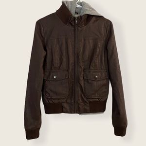 Obey Brown Faux Leather Hoodie Bomber Jacket